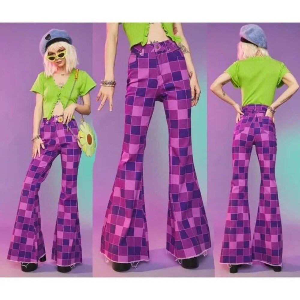 💥RETRO CHIC💥Dolls Kill American Bazi Checkered Flare Jeans in Purple/Plum/Pink - Picture 12 of 12